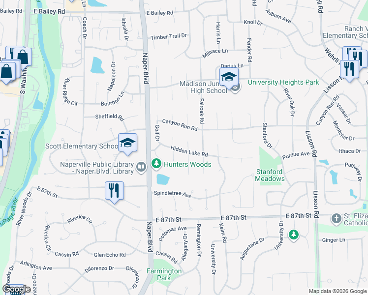 map of restaurants, bars, coffee shops, grocery stores, and more near 815 Hidden Lake Road in Naperville