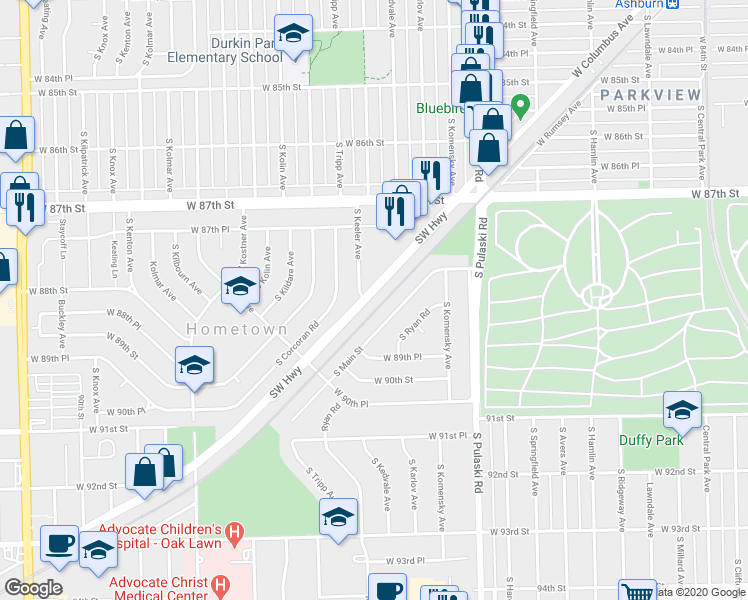 map of restaurants, bars, coffee shops, grocery stores, and more near 4157 Southwest Highway in Hometown