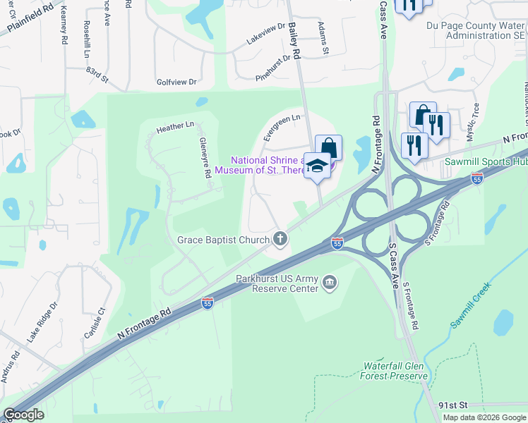 map of restaurants, bars, coffee shops, grocery stores, and more near 8524 Evergreen Lane in Darien