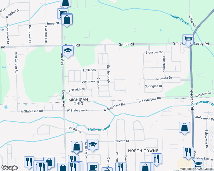 map of restaurants, bars, coffee shops, grocery stores, and more near 407 Midlands in Temperance
