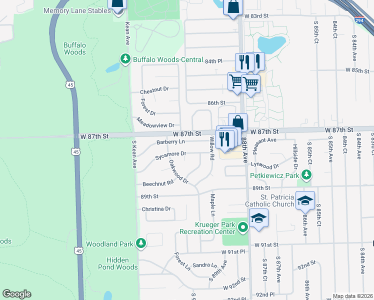 map of restaurants, bars, coffee shops, grocery stores, and more near 9008 Sycamore Drive in Oak Lawn