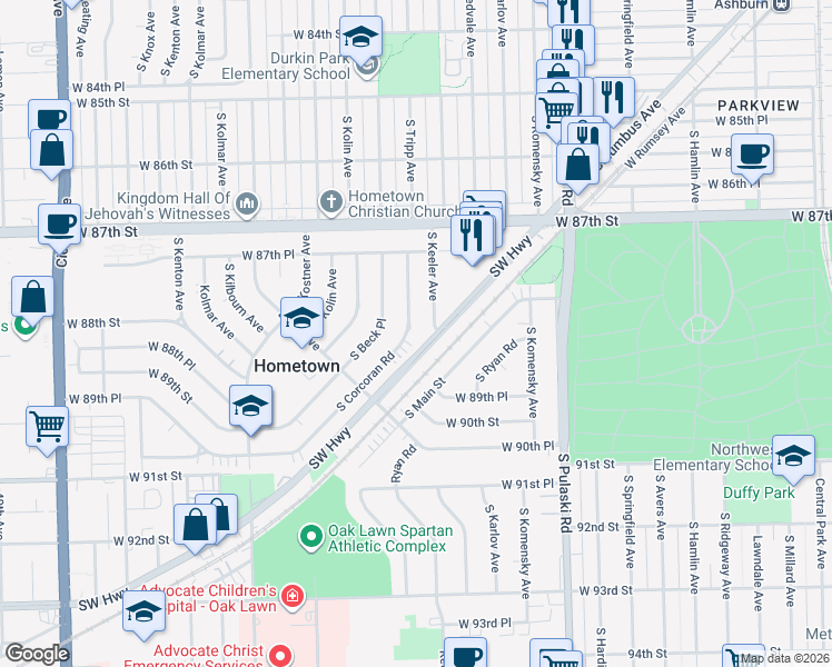 map of restaurants, bars, coffee shops, grocery stores, and more near 8813 South Corcoran Road in Hometown