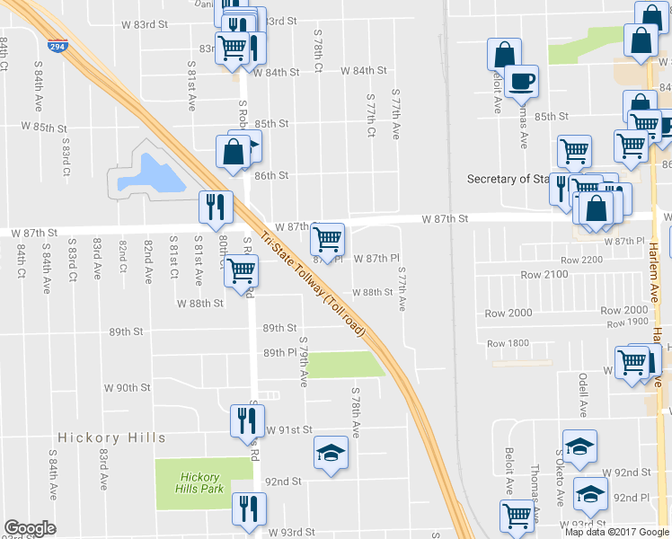 map of restaurants, bars, coffee shops, grocery stores, and more near 7811 West 87th Place in Bridgeview