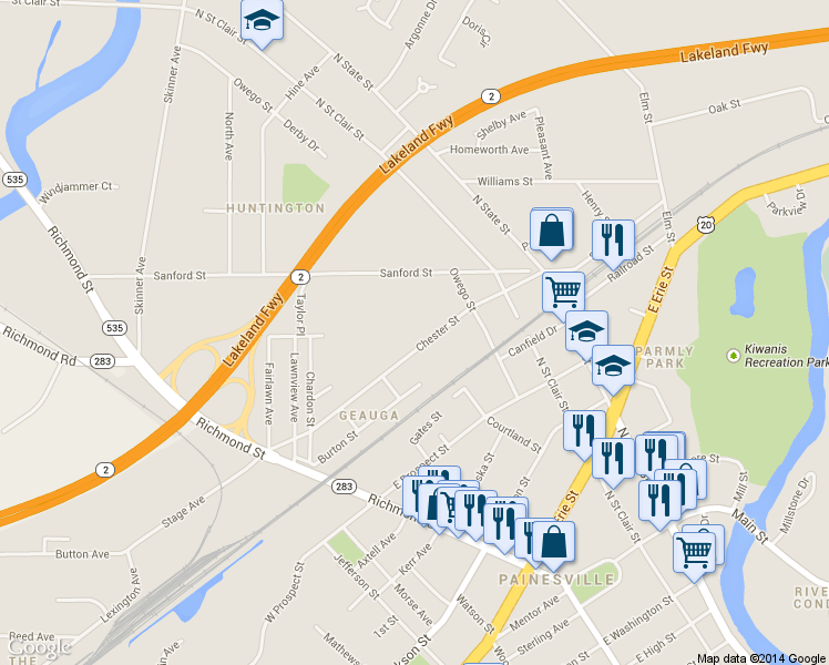 map of restaurants, bars, coffee shops, grocery stores, and more near 250 Chester Street in Painesville