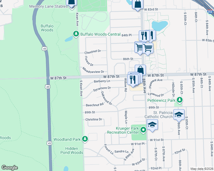 map of restaurants, bars, coffee shops, grocery stores, and more near 9008 Sycamore Drive in Oak Lawn