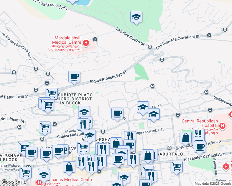map of restaurants, bars, coffee shops, grocery stores, and more near 14 Gazapkhuli Street in T'bilisi