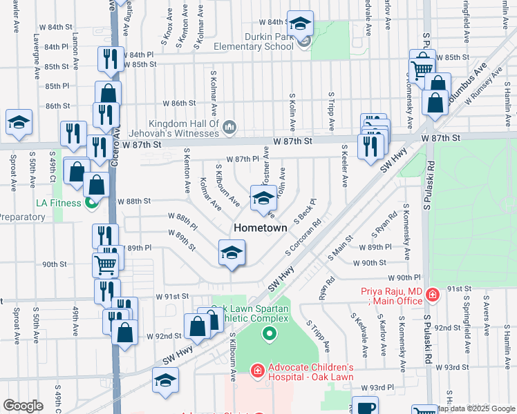 map of restaurants, bars, coffee shops, grocery stores, and more near 18 South Duffy Avenue in Hometown