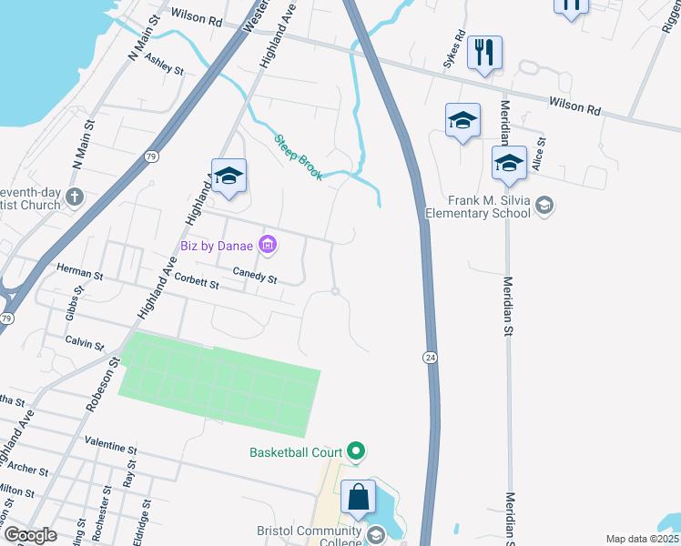 map of restaurants, bars, coffee shops, grocery stores, and more near 25 Canedy Street in Fall River