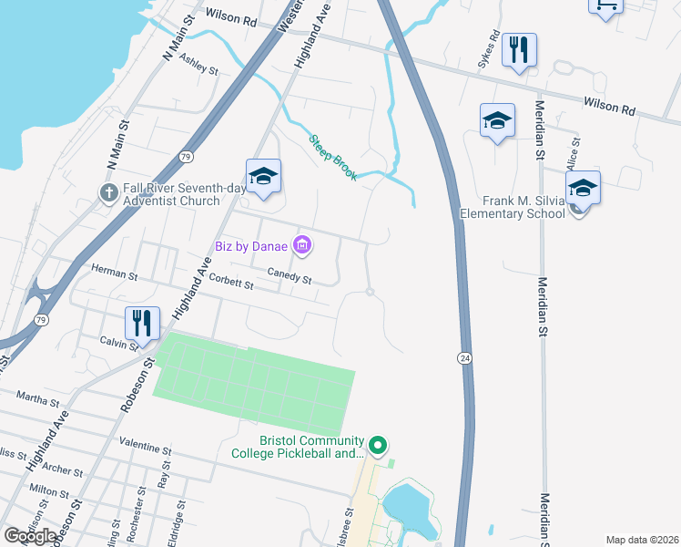 map of restaurants, bars, coffee shops, grocery stores, and more near 35 Courtney Street in Fall River