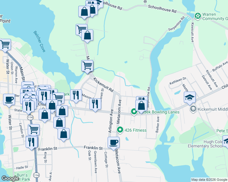 map of restaurants, bars, coffee shops, grocery stores, and more near 3 Rhode Island 136 in Warren