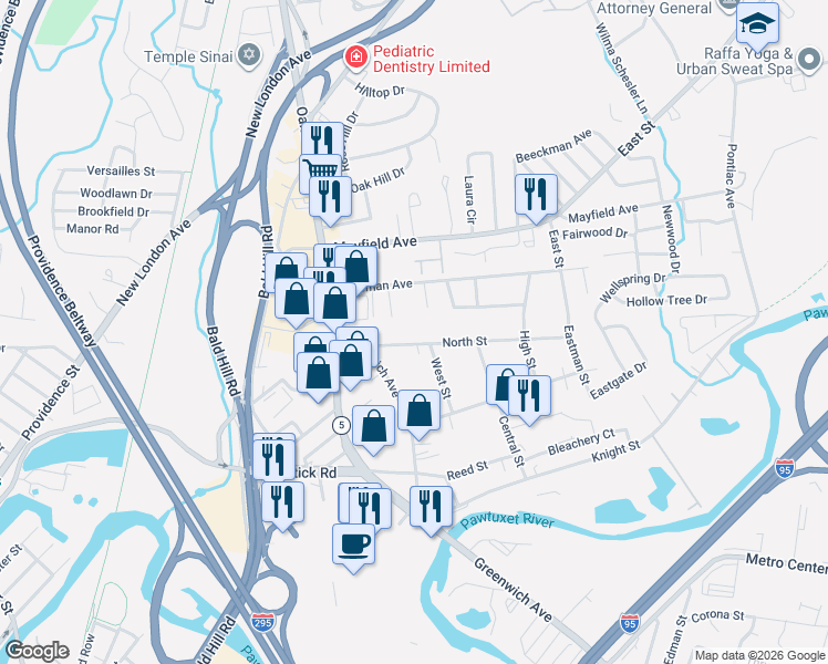map of restaurants, bars, coffee shops, grocery stores, and more near 151 North Street in Warwick