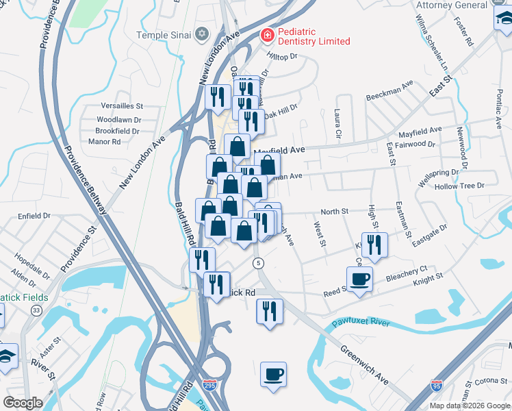 map of restaurants, bars, coffee shops, grocery stores, and more near 50 Lambert Lind Highway in Warwick