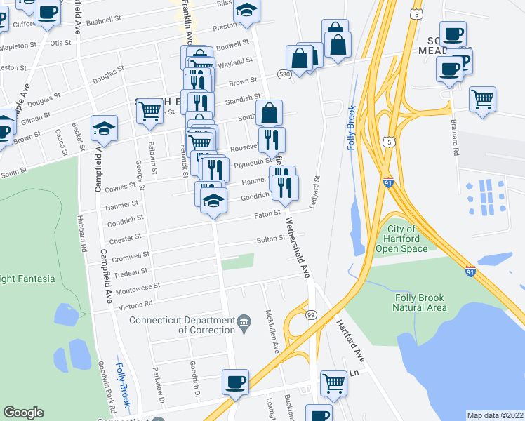 map of restaurants, bars, coffee shops, grocery stores, and more near 46 Eaton Street in Hartford