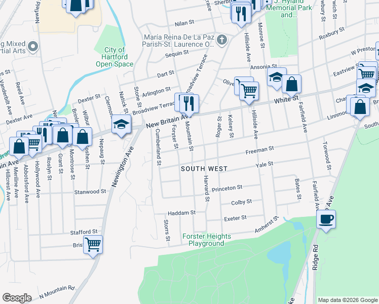 map of restaurants, bars, coffee shops, grocery stores, and more near 74 Mountain Street in Hartford