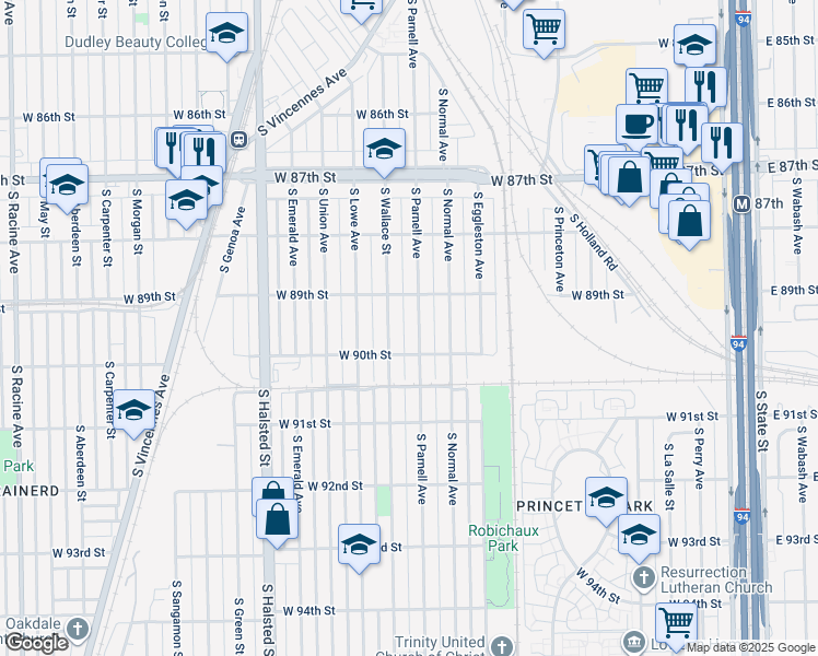 map of restaurants, bars, coffee shops, grocery stores, and more near 8936 South Parnell Avenue in Chicago