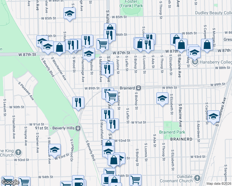 map of restaurants, bars, coffee shops, grocery stores, and more near 8921 South Justine Street in Chicago