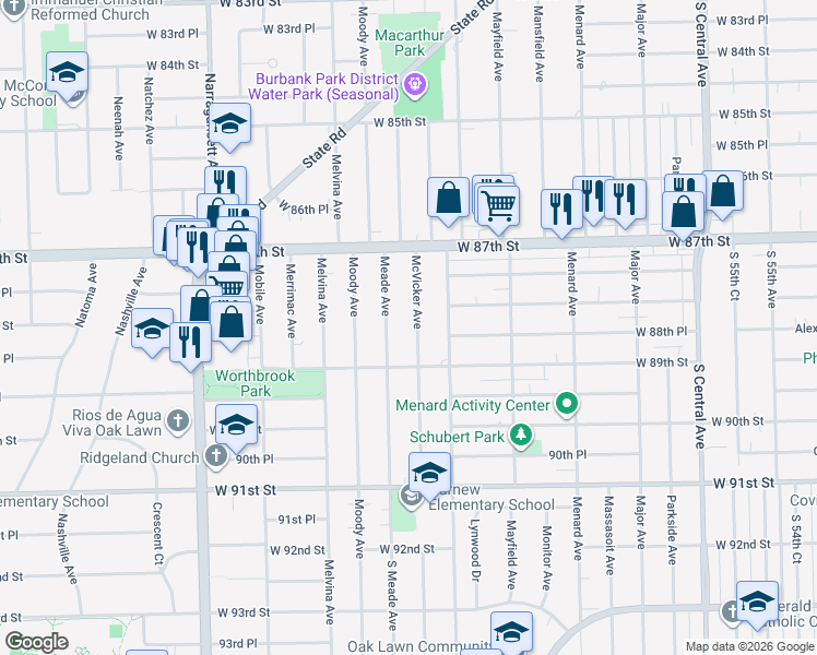 map of restaurants, bars, coffee shops, grocery stores, and more near 8833 Meade Avenue in Oak Lawn