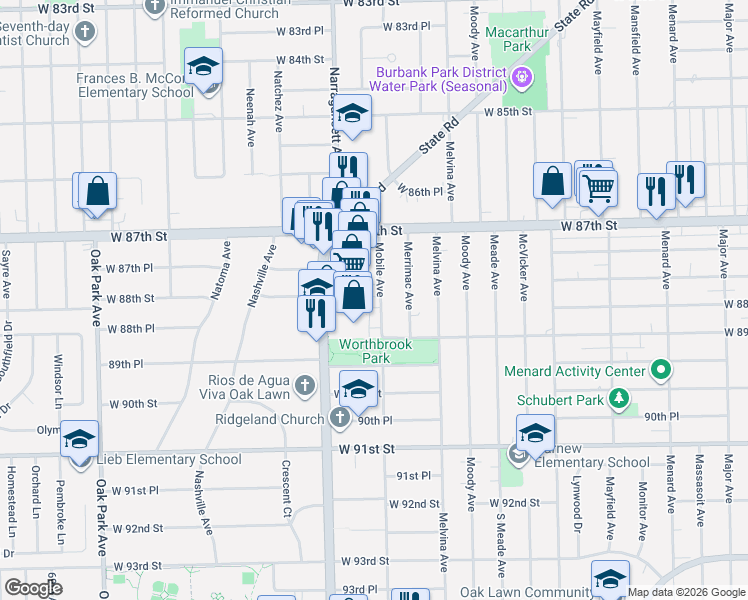 map of restaurants, bars, coffee shops, grocery stores, and more near 8801 South Ridgeland Avenue in Oak Lawn