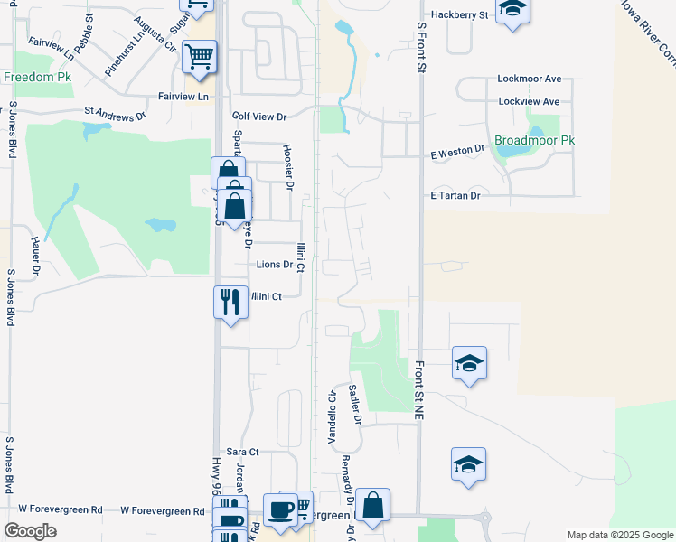 map of restaurants, bars, coffee shops, grocery stores, and more near 960 Twilight Drive in North Liberty
