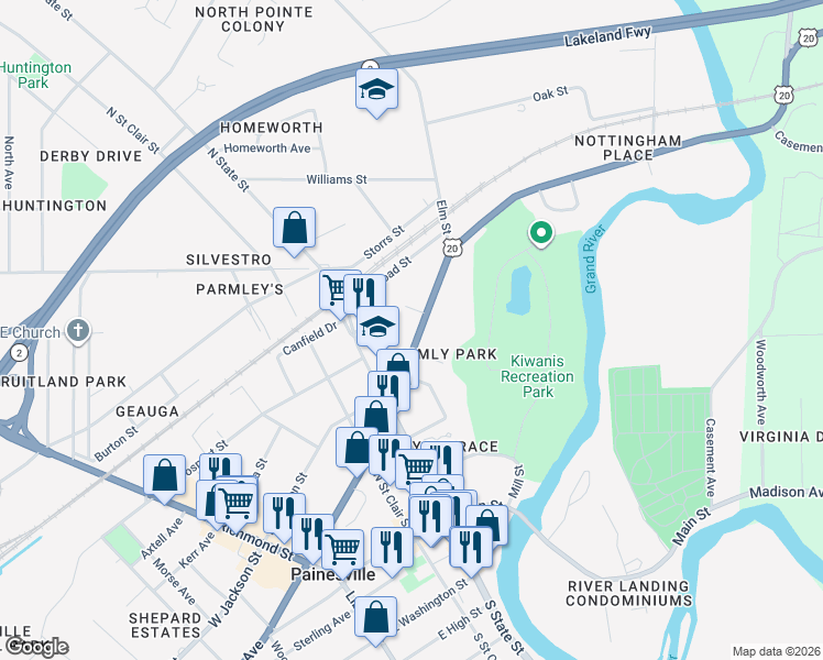 map of restaurants, bars, coffee shops, grocery stores, and more near 407 East Erie Street in Painesville