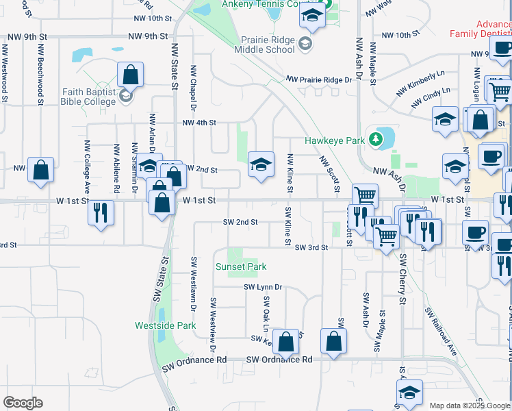 map of restaurants, bars, coffee shops, grocery stores, and more near 1205 County Road F32 in Ankeny
