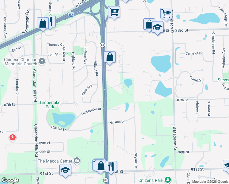 map of restaurants, bars, coffee shops, grocery stores, and more near 8601 Meadowbrook Drive in Burr Ridge