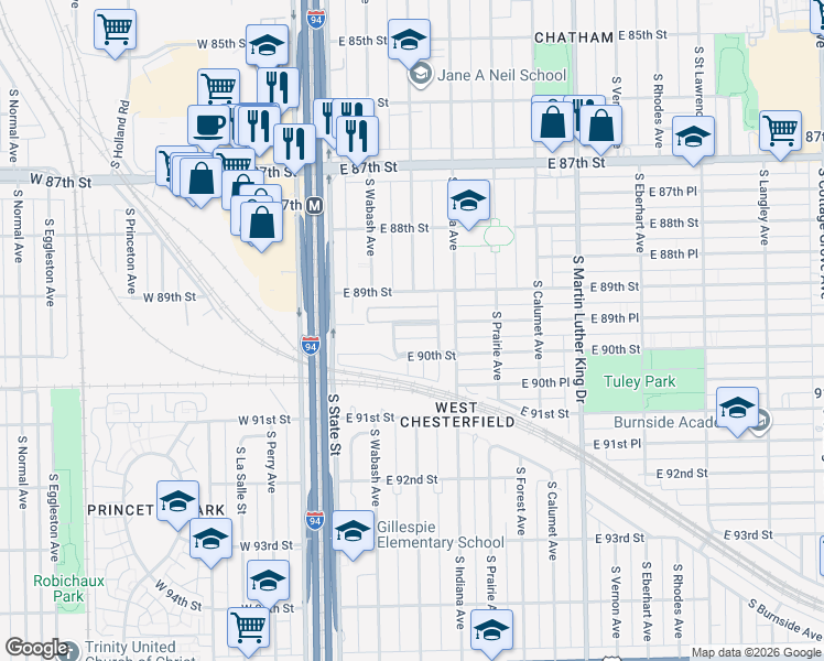 map of restaurants, bars, coffee shops, grocery stores, and more near 81 East 89th Place in Chicago