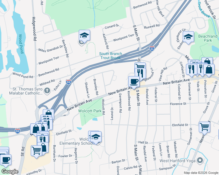 map of restaurants, bars, coffee shops, grocery stores, and more near 117 Shadow Lane in West Hartford