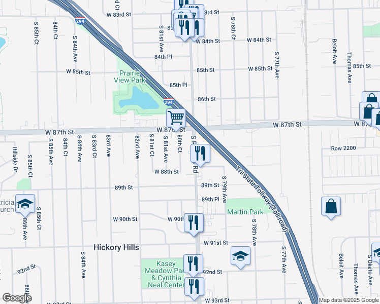 map of restaurants, bars, coffee shops, grocery stores, and more near 8724 South Roberts Road in Hickory Hills