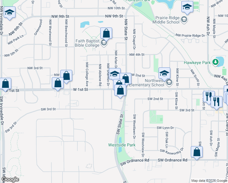 map of restaurants, bars, coffee shops, grocery stores, and more near 106 SW State St in Ankeny
