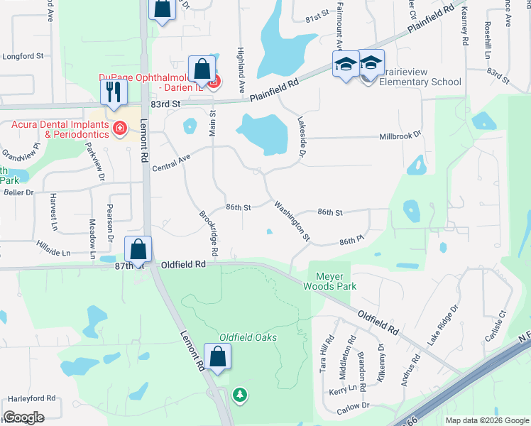 map of restaurants, bars, coffee shops, grocery stores, and more near 905 86th Street in Downers Grove
