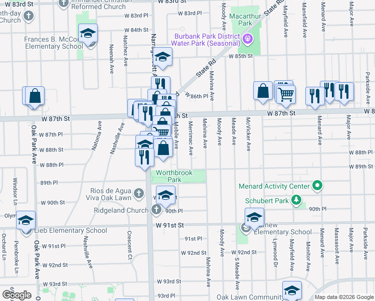 map of restaurants, bars, coffee shops, grocery stores, and more near 8808 Merrimac Avenue in Oak Lawn