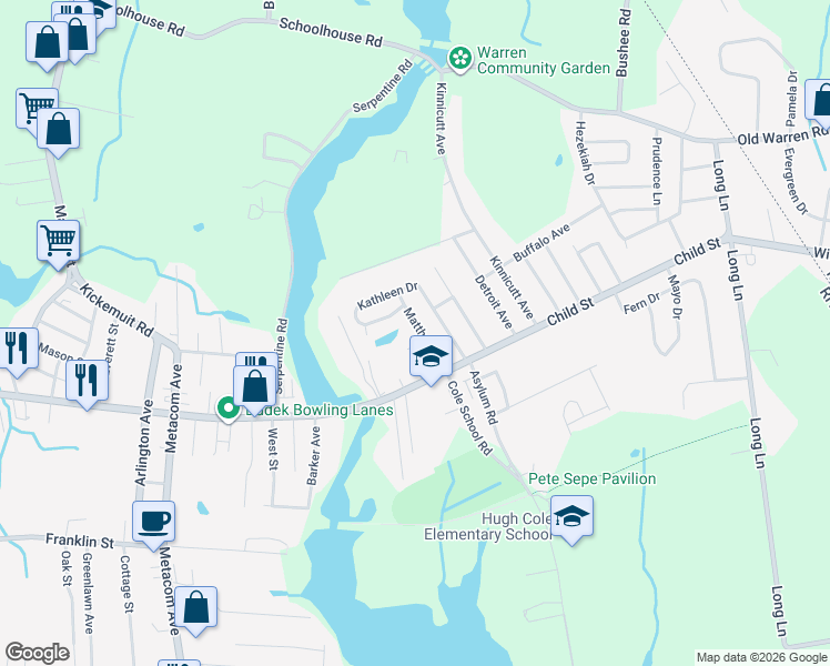 map of restaurants, bars, coffee shops, grocery stores, and more near 7 Matthew Dr in Warren