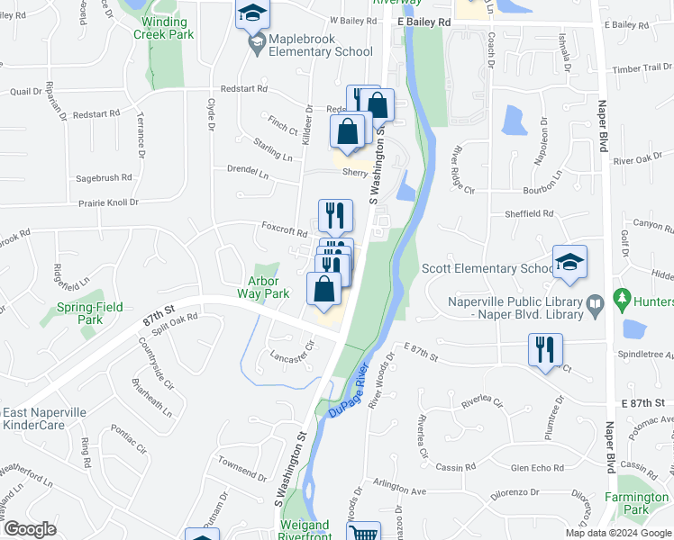 map of restaurants, bars, coffee shops, grocery stores, and more near 1936 Town Drive in Naperville