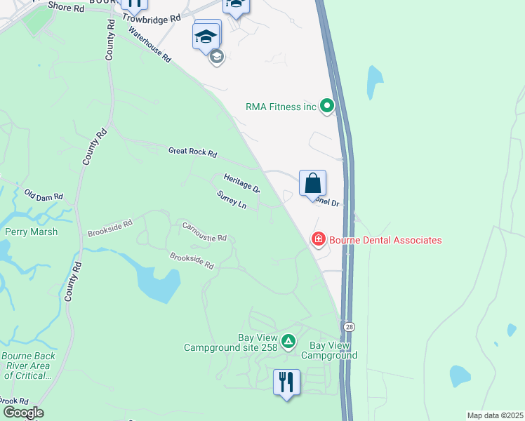 map of restaurants, bars, coffee shops, grocery stores, and more near 3 Surrey Lane in Bourne