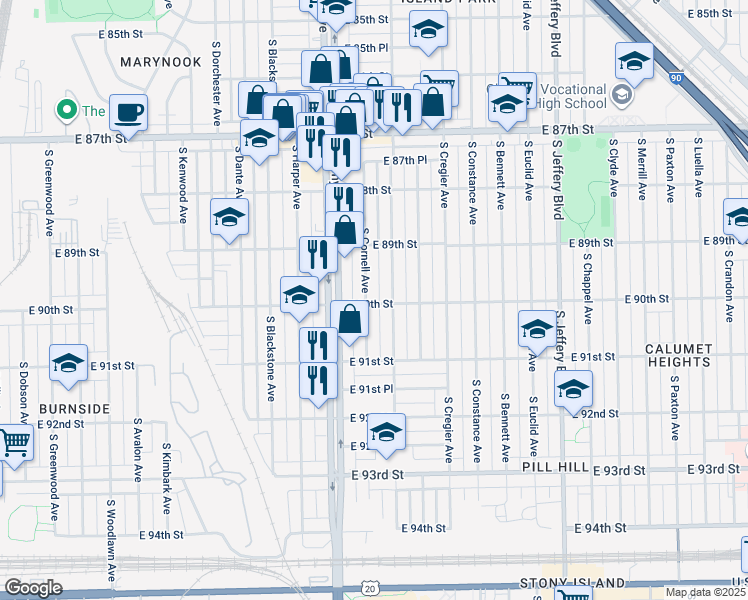map of restaurants, bars, coffee shops, grocery stores, and more near 8961 South Cornell Avenue in Chicago