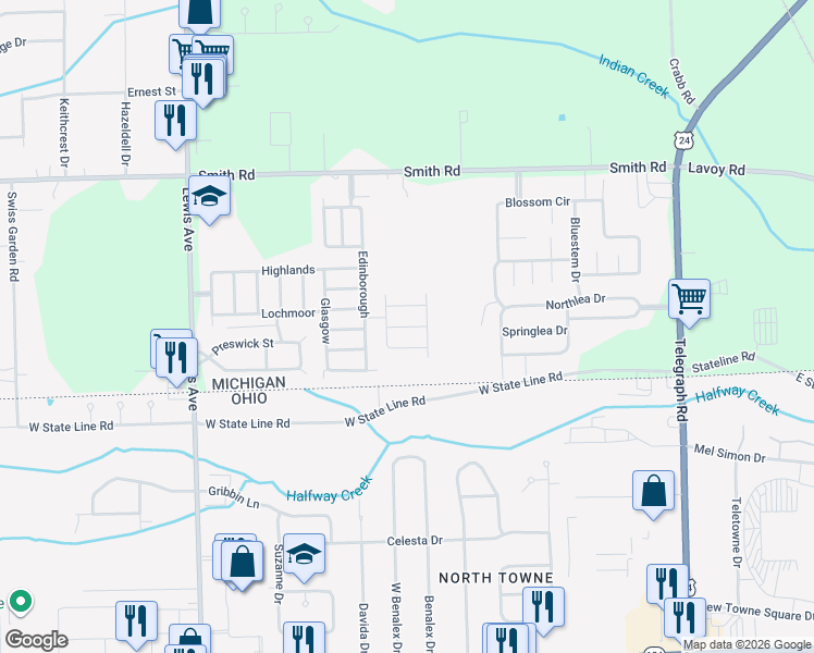 map of restaurants, bars, coffee shops, grocery stores, and more near Roslyn in Temperance