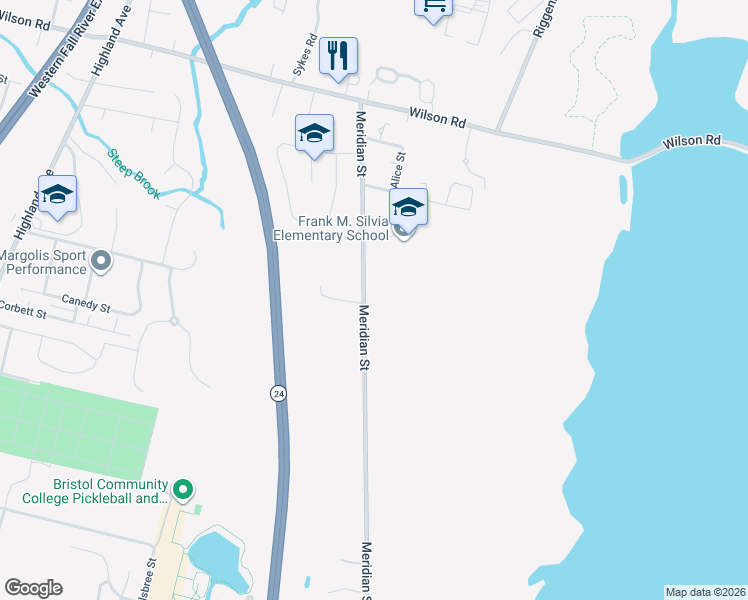 map of restaurants, bars, coffee shops, grocery stores, and more near 1717 Meridian Street in Fall River
