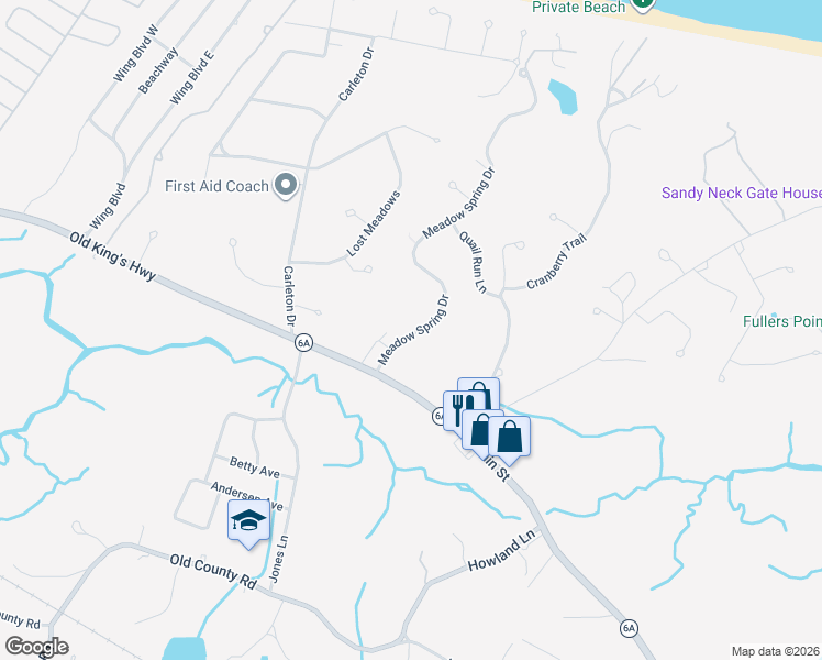 map of restaurants, bars, coffee shops, grocery stores, and more near 11 Meadow Spring Drive in Sandwich