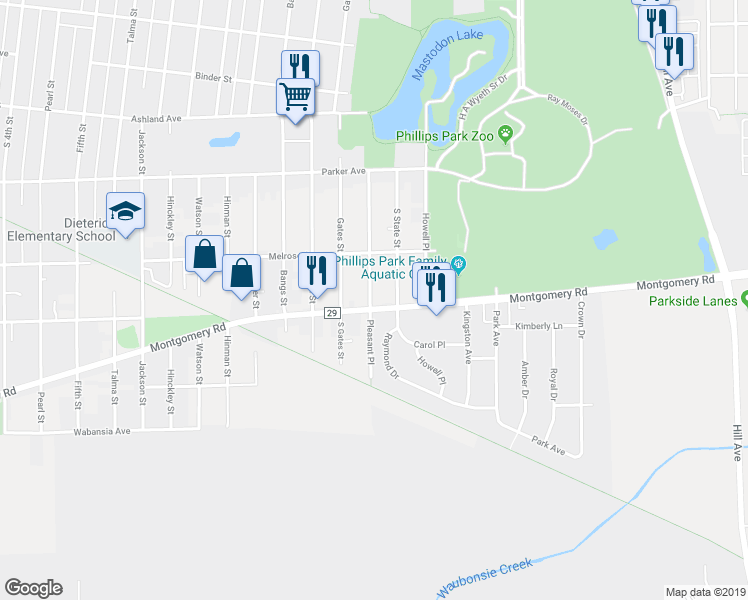 map of restaurants, bars, coffee shops, grocery stores, and more near 756 Montgomery Road in Montgomery