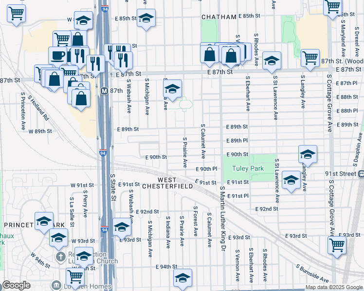 map of restaurants, bars, coffee shops, grocery stores, and more near 231 East 89th Place in Chicago