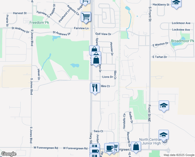 map of restaurants, bars, coffee shops, grocery stores, and more near 2 Lions Drive in North Liberty