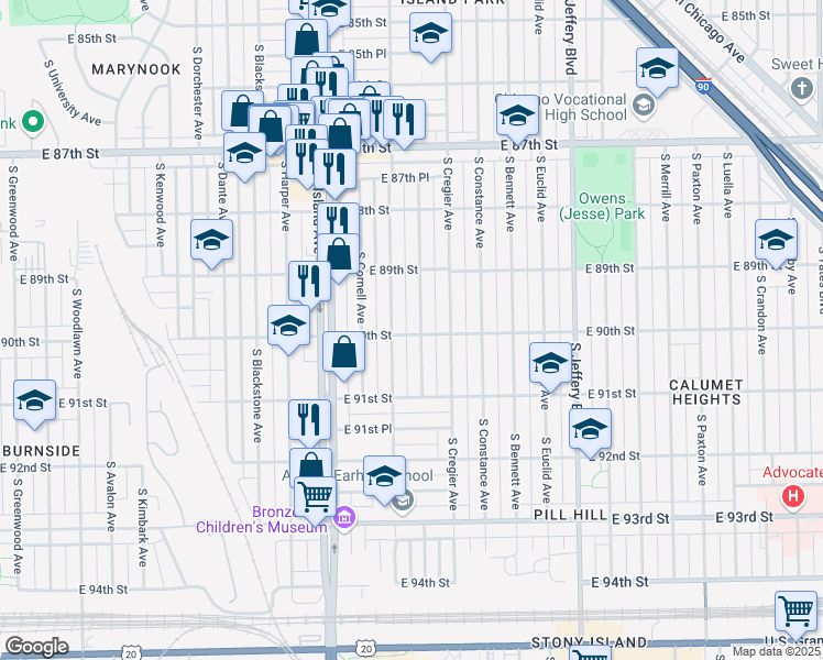 map of restaurants, bars, coffee shops, grocery stores, and more near 8960 South Ridgeland Avenue in Chicago