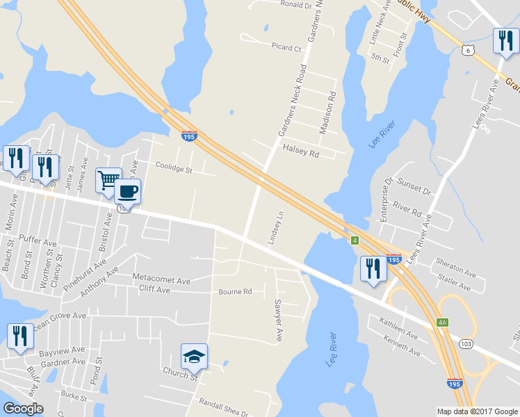 map of restaurants, bars, coffee shops, grocery stores, and more near 688 Gardners Neck Road in Swansea