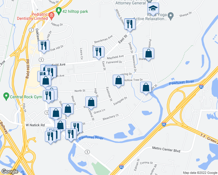 map of restaurants, bars, coffee shops, grocery stores, and more near 22 Eastman Street in Warwick