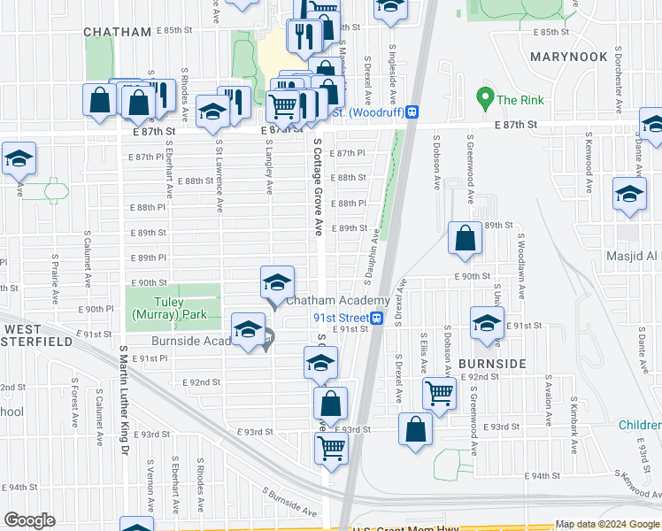 map of restaurants, bars, coffee shops, grocery stores, and more near 8943 South Cottage Grove Avenue in Chicago