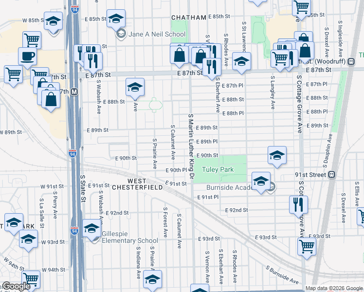 map of restaurants, bars, coffee shops, grocery stores, and more near 8949 South King Drive in Chicago