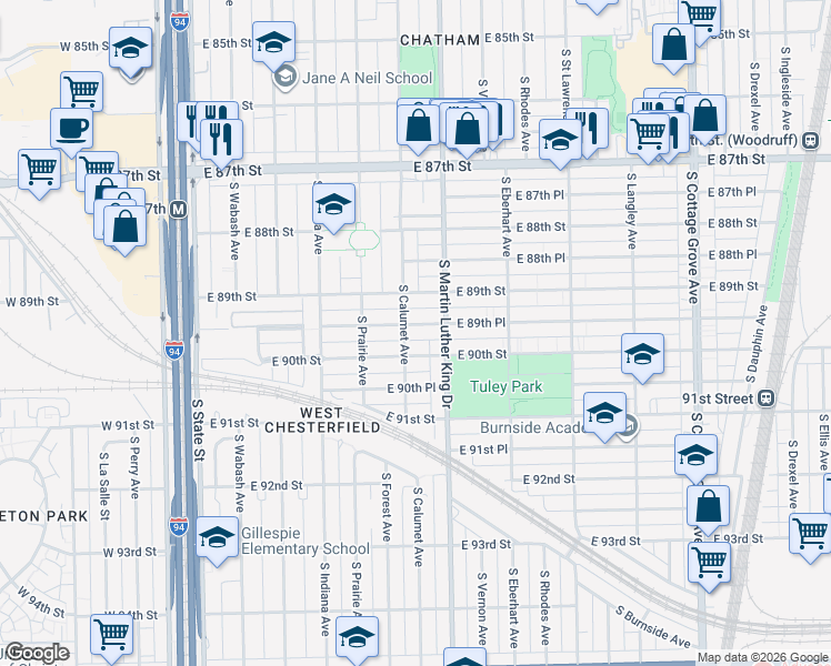 map of restaurants, bars, coffee shops, grocery stores, and more near 8949 South King Drive in Chicago