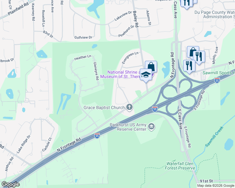 map of restaurants, bars, coffee shops, grocery stores, and more near 8524 Evergreen Lane in Darien