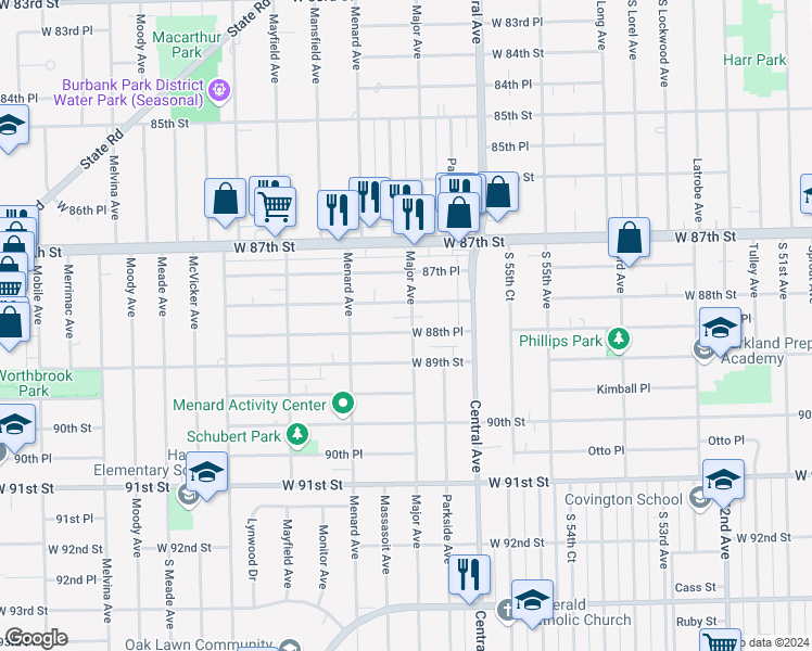 map of restaurants, bars, coffee shops, grocery stores, and more near 5700 West 88th Place in Oak Lawn